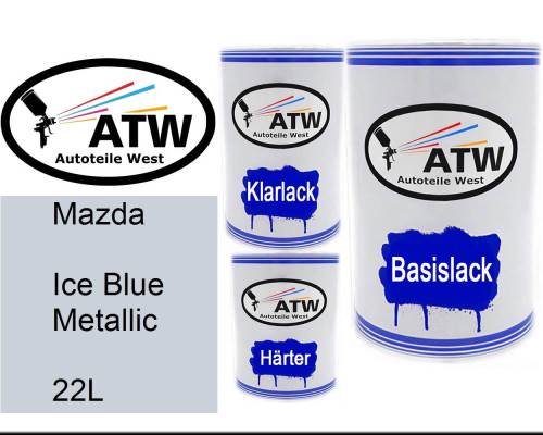 Mazda, Ice Blue Metallic, 22L: 500ml Lackdose + 500ml Klarlack + 250ml Härter - Set, von ATW Autoteile West.